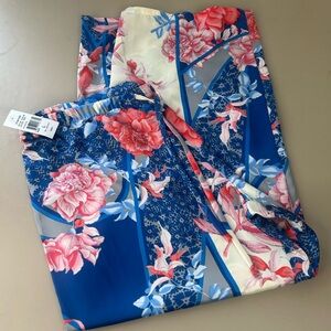 NWT Natori Blue Pink Cream Floral Satin Silky Wide-Leg Palazzo Pant Women Large